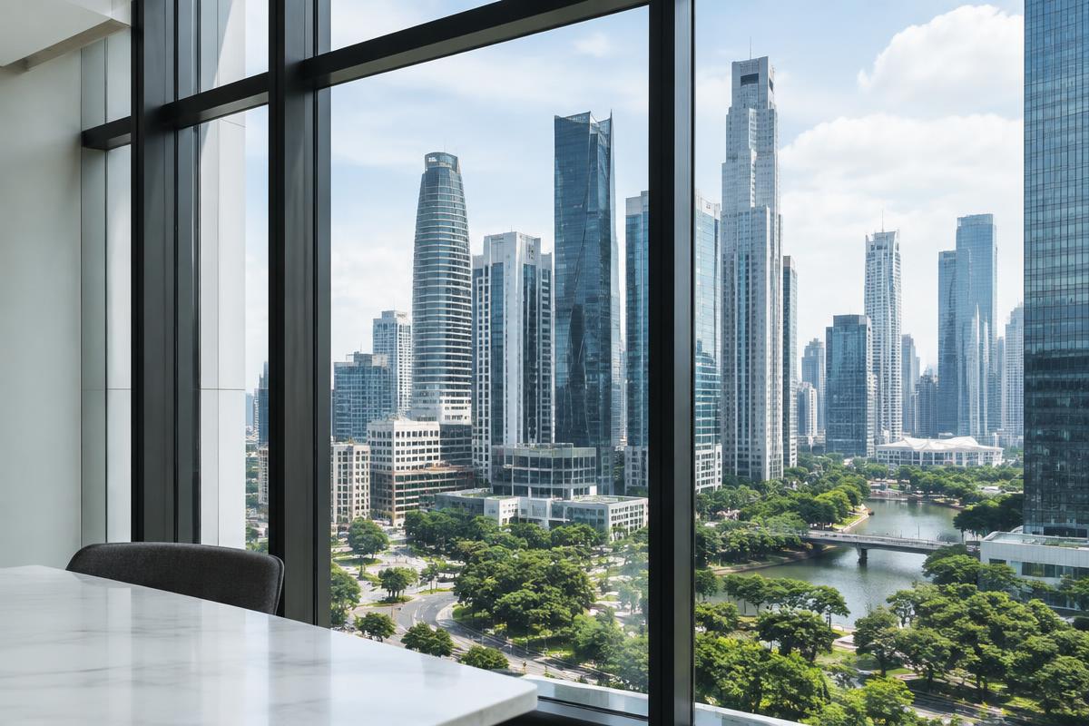 Modern cityscape seen from a bright meeting room