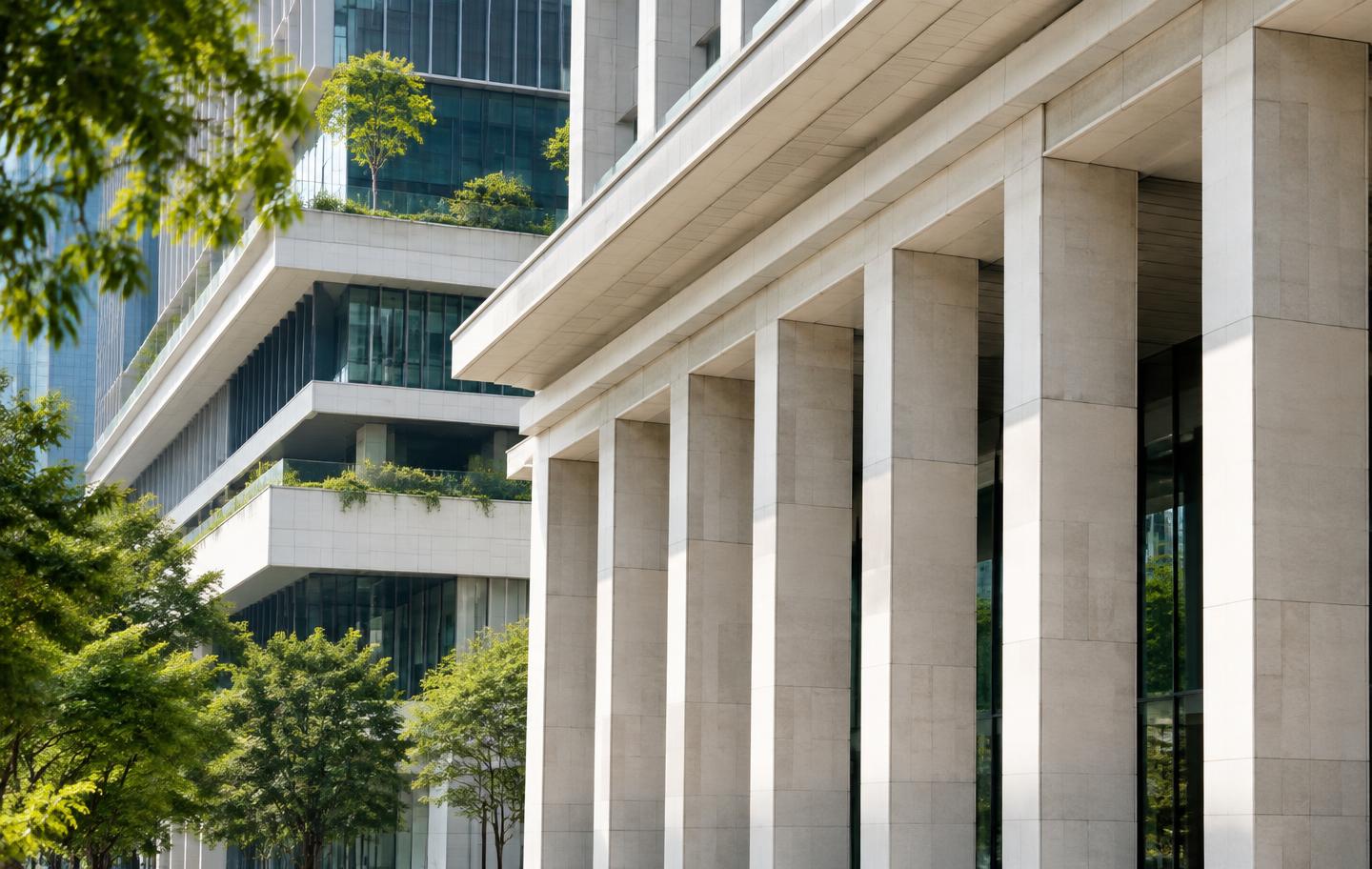 Modern architectural facade and greenery in the financial district