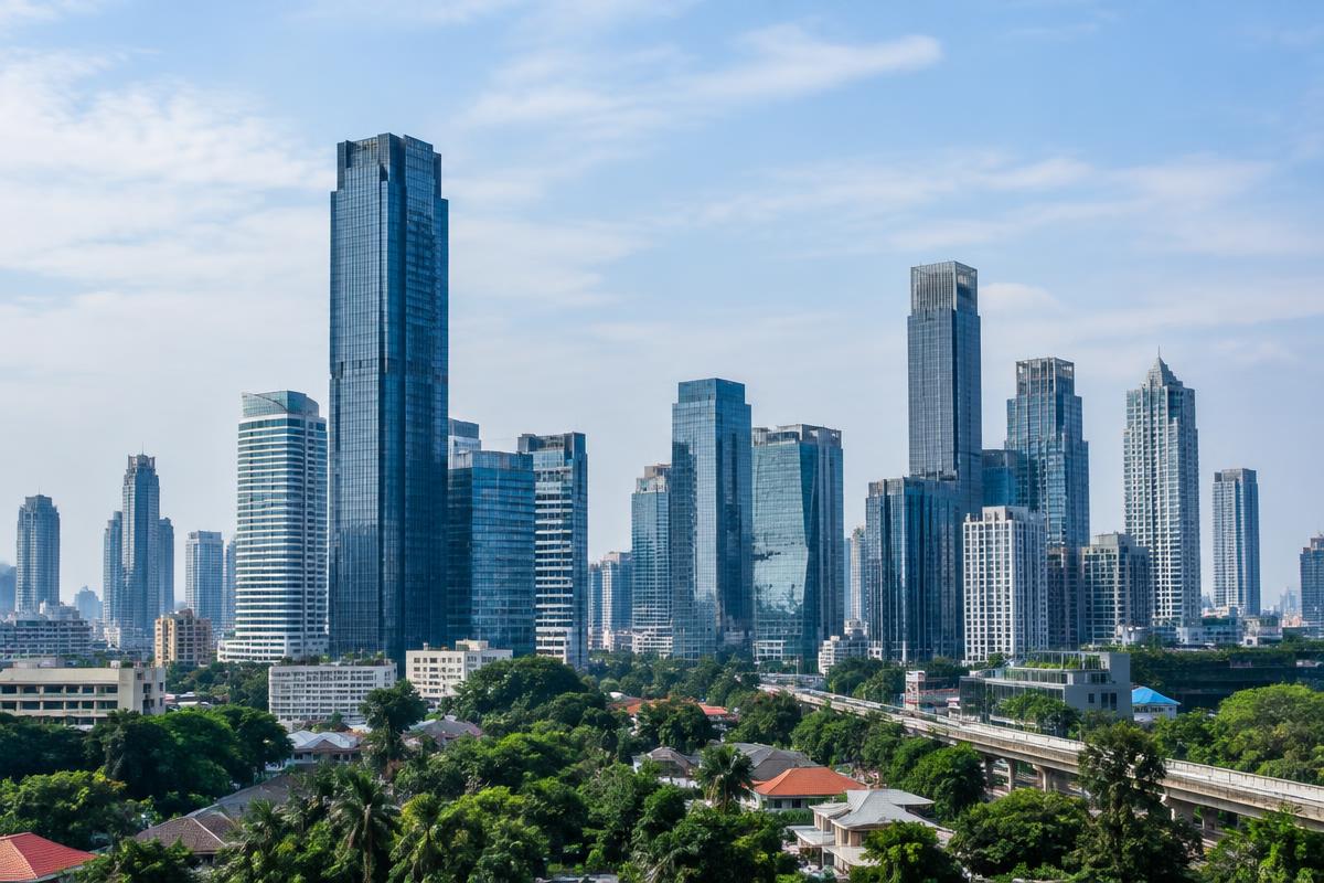Jakarta skyline above tropical greenery