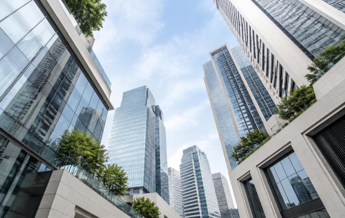 Contemporary financial district architecture and greenery